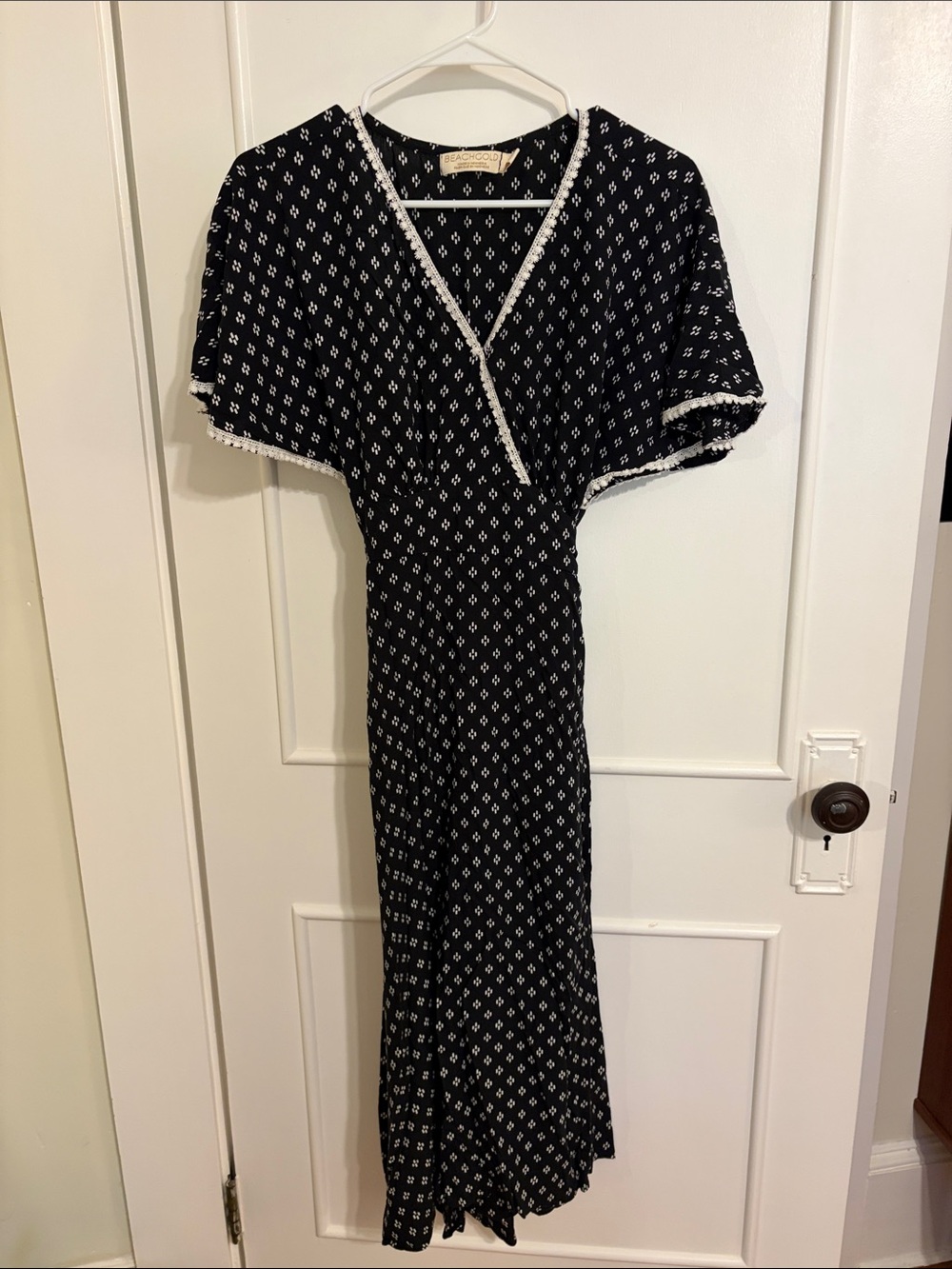 BEACHGOLD Black Maxi Dress with White Diamond Print and Trim
